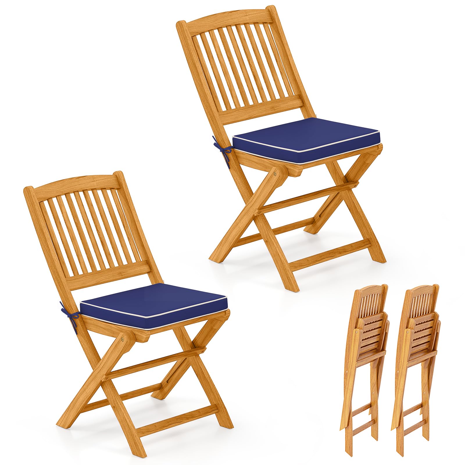 Tangkula 2 Pieces Folding Outdoor Dining Chairs, Acacia Wood Patio Chairs With Soft Cushions, Slatted Backrests And Seats, Outdo